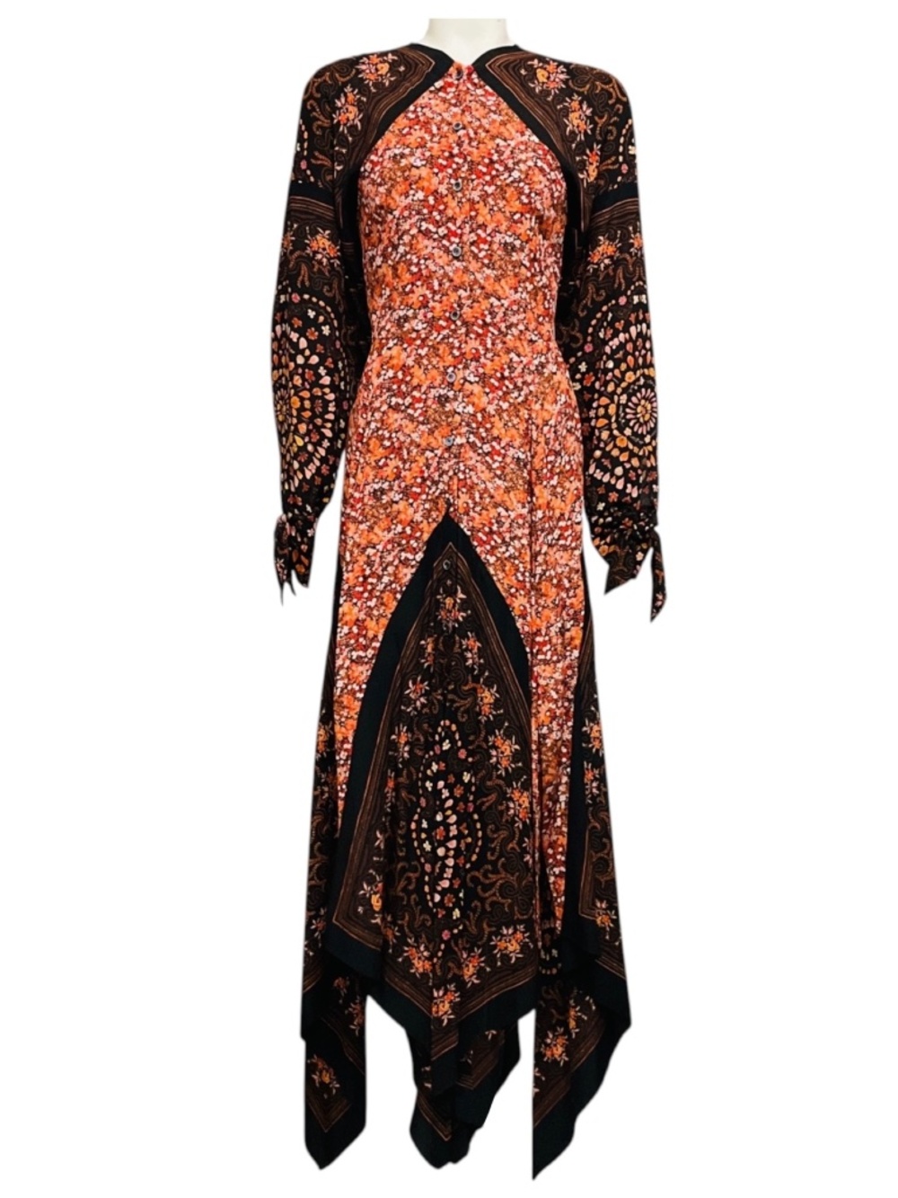 ALTUZARRA BLACK / ORANGE / RED MULTI SINOPIA SCARF PRINT SILK MAXI DRESS
